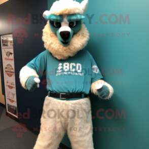 Teal Alpaca mascot costume character dressed with a Baseball Tee and Bracelet watches