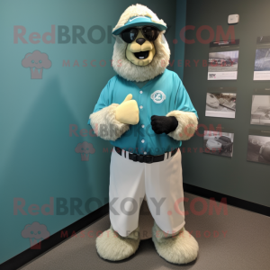 Teal Alpaca mascot costume character dressed with a Baseball Tee and Bracelet watches