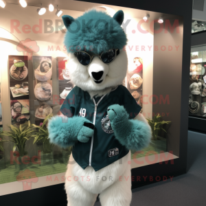 Teal Alpaca mascot costume character dressed with a Baseball Tee and Bracelet watches