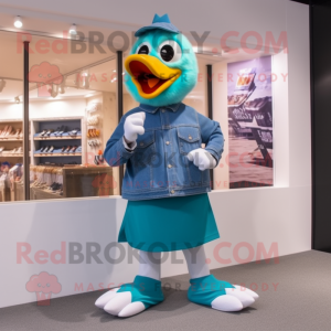 Turquoise Goose mascot costume character dressed with a Mom Jeans and Bracelet watches