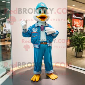 Turquoise Goose mascot costume character dressed with a Mom Jeans and Bracelet watches