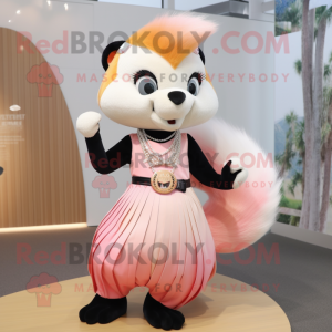 Peach Skunk mascot costume character dressed with a Pleated Skirt and Necklaces