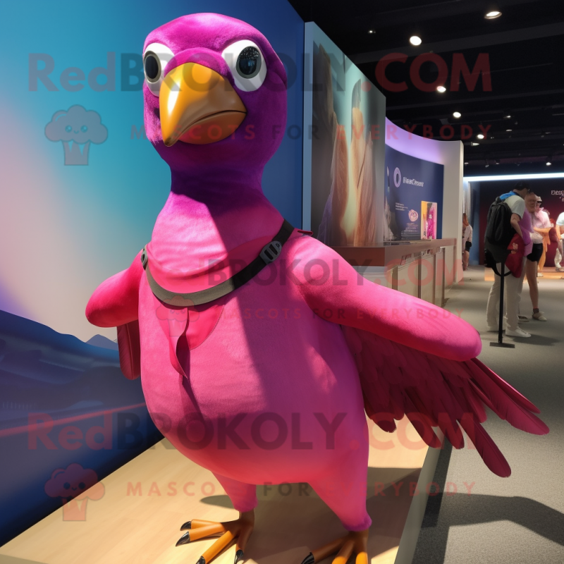 Magenta Passenger Pigeon mascot costume character dressed with a One-Piece Swimsuit and Hair clips