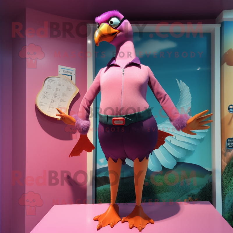 Magenta Passenger Pigeon mascot costume character dressed with a One-Piece Swimsuit and Hair clips