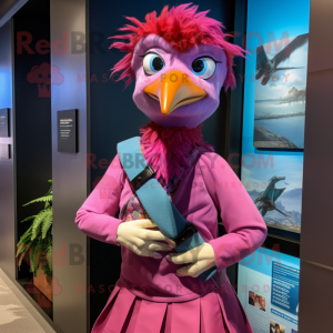 Magenta Passenger Pigeon mascot costume character dressed with a One-Piece Swimsuit and Hair clips