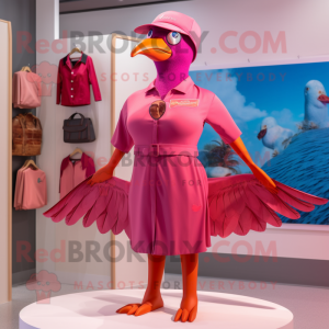 Magenta Passenger Pigeon mascot costume character dressed with a One-Piece Swimsuit and Hair clips