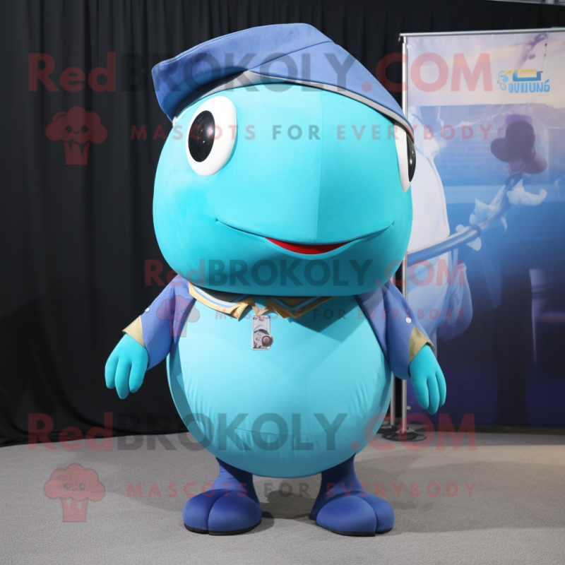 Turquoise Blue Whale mascot costume character dressed with a Tank Top and Hat pins