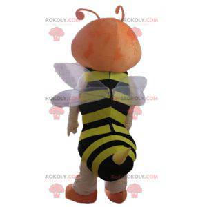Mascote da abelha vermelha com listras pretas e amarelas -
