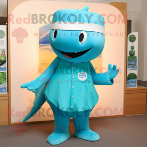 Turquoise Blue Whale mascot costume character dressed with a Tank Top and Hat pins