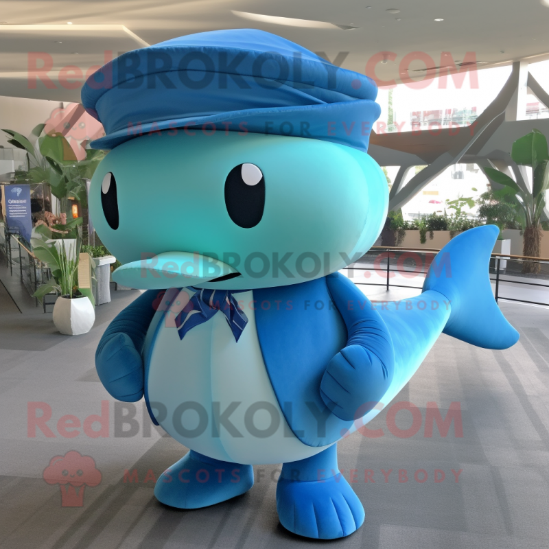 Turquoise Blue Whale mascot costume character dressed with a Tank Top and Hat pins Turquoise Blue Whale mascot costume character dressed with a Tank Top and Hat pins