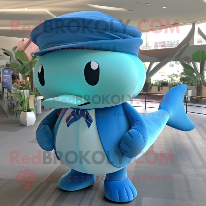 Turquoise Blue Whale mascot costume character dressed with a Tank Top and Hat pins