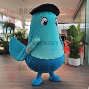 Turquoise Blue Whale mascot costume character dressed with a Tank Top and Hat pins