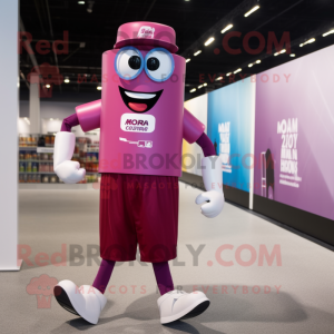 Magenta Soda Can mascot costume character dressed with a Running Shorts and Eyeglasses