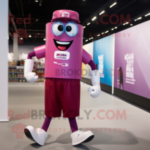 Magenta Soda Can mascot costume character dressed with a Running Shorts and Eyeglasses