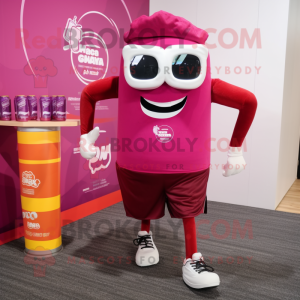 Magenta Soda Can mascot costume character dressed with a Running Shorts and Eyeglasses