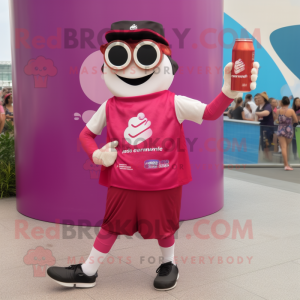 Magenta Soda Can mascot costume character dressed with a Running Shorts and Eyeglasses