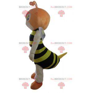Mascote da abelha vermelha com listras pretas e amarelas -
