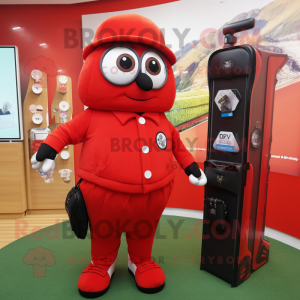 Red Golf Bag mascot costume character dressed with a Trousers and Smartwatches
