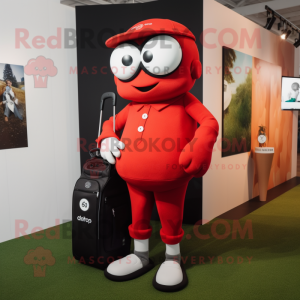 Red Golf Bag mascot costume character dressed with a Trousers and Smartwatches