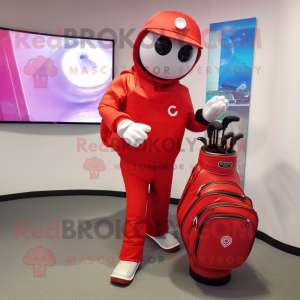 Red Golf Bag mascot costume character dressed with a Trousers and Smartwatches