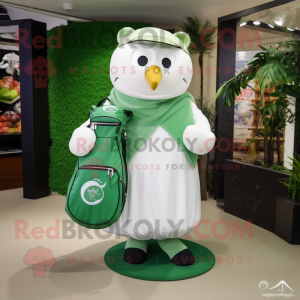 Forest Green Golf Bag mascot costume character dressed with a Wedding Dress and Shawls