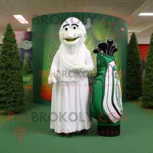 Forest Green Golf Bag mascot costume character dressed with a Wedding Dress and Shawls