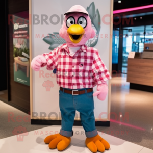 Pink Peacock mascot costume character dressed with a Flannel Shirt and Cufflinks