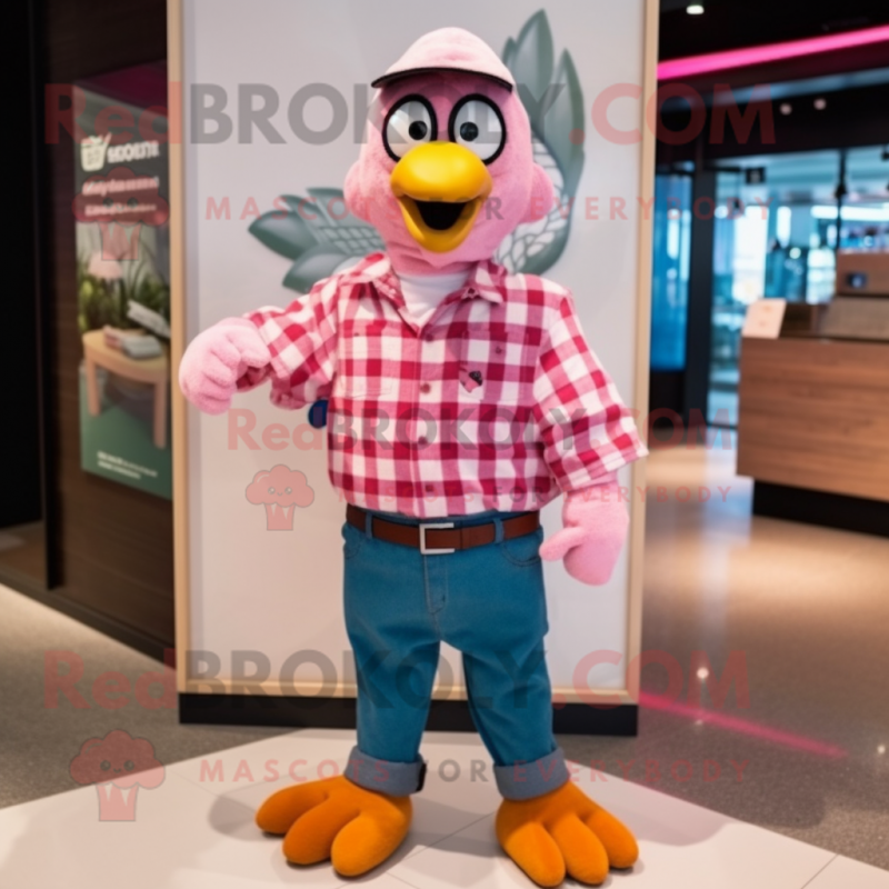 Pink Peacock mascot costume character dressed with a Flannel Shirt and Cufflinks Pink Peacock mascot costume character dressed with a Flannel Shirt and Cufflinks