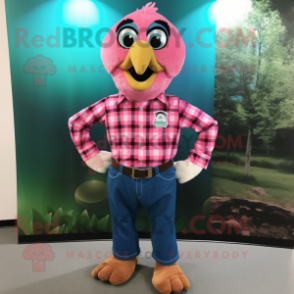 Pink Peacock mascot costume character dressed with a Flannel Shirt and Cufflinks