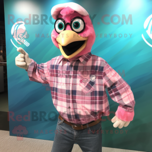 Pink Peacock mascot costume character dressed with a Flannel Shirt and Cufflinks