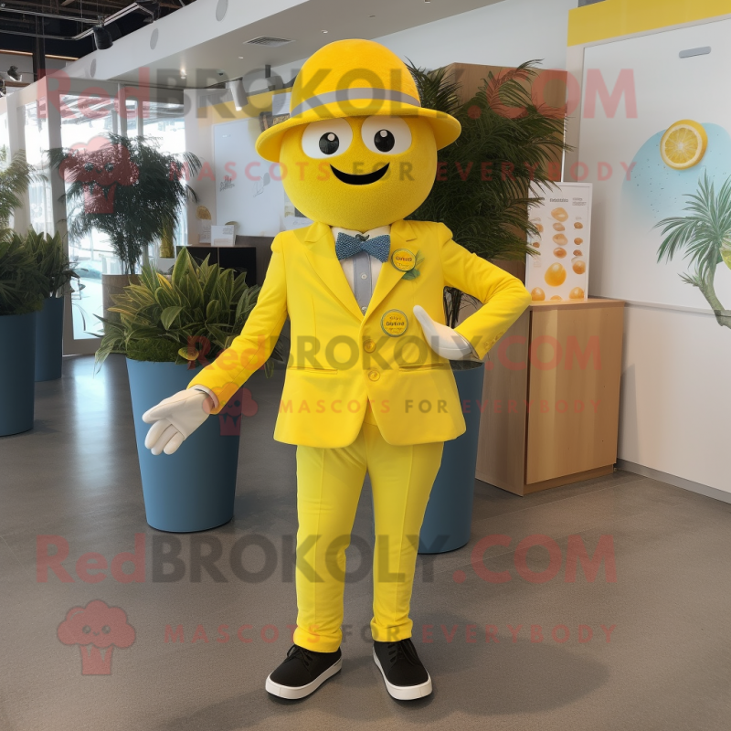 nan Lemon mascot costume character dressed with a Suit Pants and Headbands nan Lemon mascot costume character dressed with a Suit Pants and Headbands