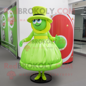 Lime Green Candy mascot costume character dressed with a Circle Skirt and Hat pins