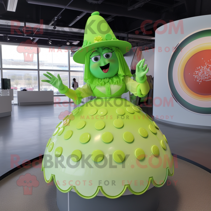 Lime Green Candy mascot costume character dressed with a Circle Skirt and Hat pins Lime Green Candy mascot costume character dressed with a Circle Skirt and Hat pins