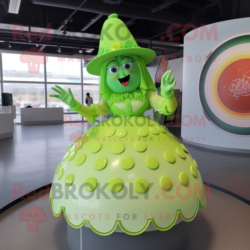 Lime Green Candy mascot costume character dressed with a Circle Skirt and Hat pins