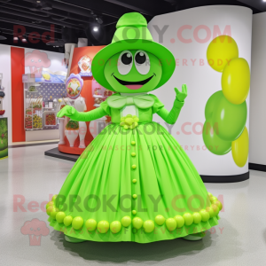 Lime Green Candy mascot costume character dressed with a Circle Skirt and Hat pins