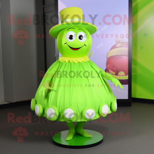 Lime Green Candy mascot costume character dressed with a Circle Skirt and Hat pins