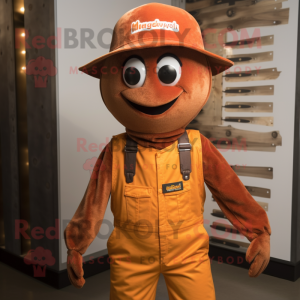 Rust Aglet mascot costume character dressed with a Jumpsuit and Hat pins