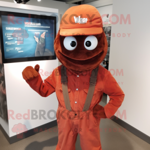 Rust Aglet mascot costume character dressed with a Jumpsuit and Hat pins