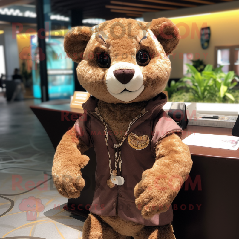 Cream Jaguarundi mascot costume character dressed with a Cover-up and Ties Cream Jaguarundi mascot costume character dressed with a Cover-up and Ties