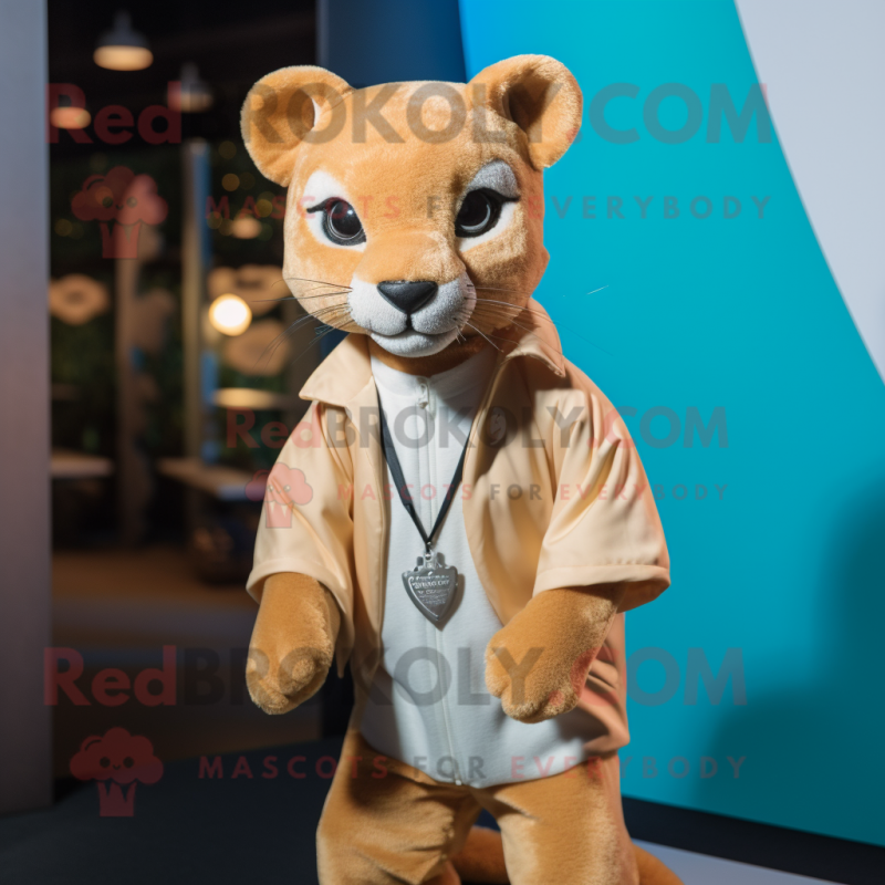 Cream Jaguarundi mascot costume character dressed with a Cover-up and Ties Cream Jaguarundi mascot costume character dressed with a Cover-up and Ties