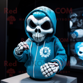 Cyan Skull mascot costume character dressed with a Sweatshirt and Cufflinks