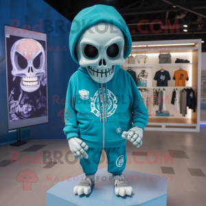 Cyan Skull mascot costume character dressed with a Sweatshirt and Cufflinks