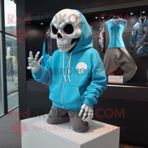 Cyan Skull mascot costume character dressed with a Sweatshirt and Cufflinks