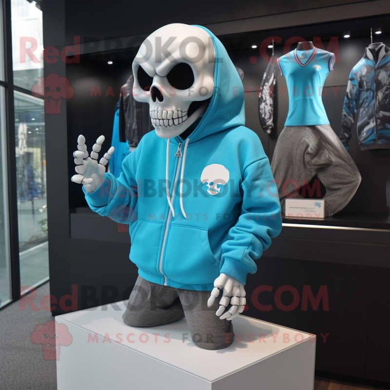 Cyan Skull mascot costume character dressed with a Sweatshirt and Cufflinks