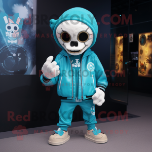 Cyan Skull mascot costume character dressed with a Sweatshirt and Cufflinks