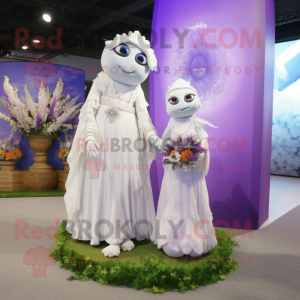 Lavender Pendant mascot costume character dressed with a Wedding Dress and Shawls