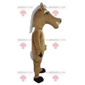 Mascotte gigante e sorridente del cavallo marrone e bianco -