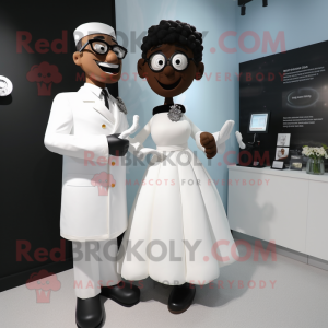 Black Doctor mascot costume character dressed with a Wedding Dress and Belts
