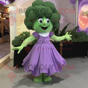 Lavender Broccoli mascot costume character dressed with a Dress and Shoe clips