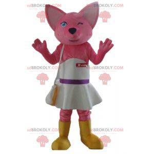 Mascotte de chat rose de renard avec une robe blanche -